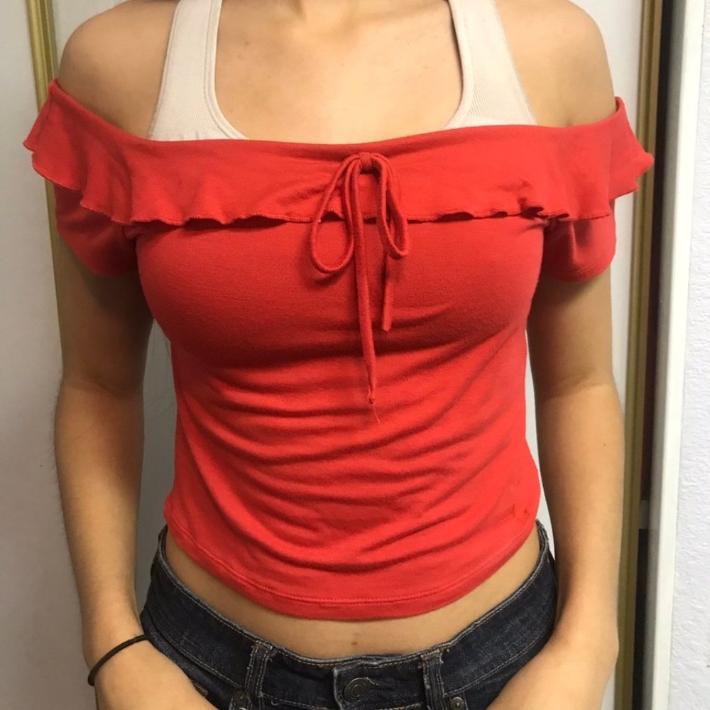 RED OFF THE SOULDER FRILLY TOP